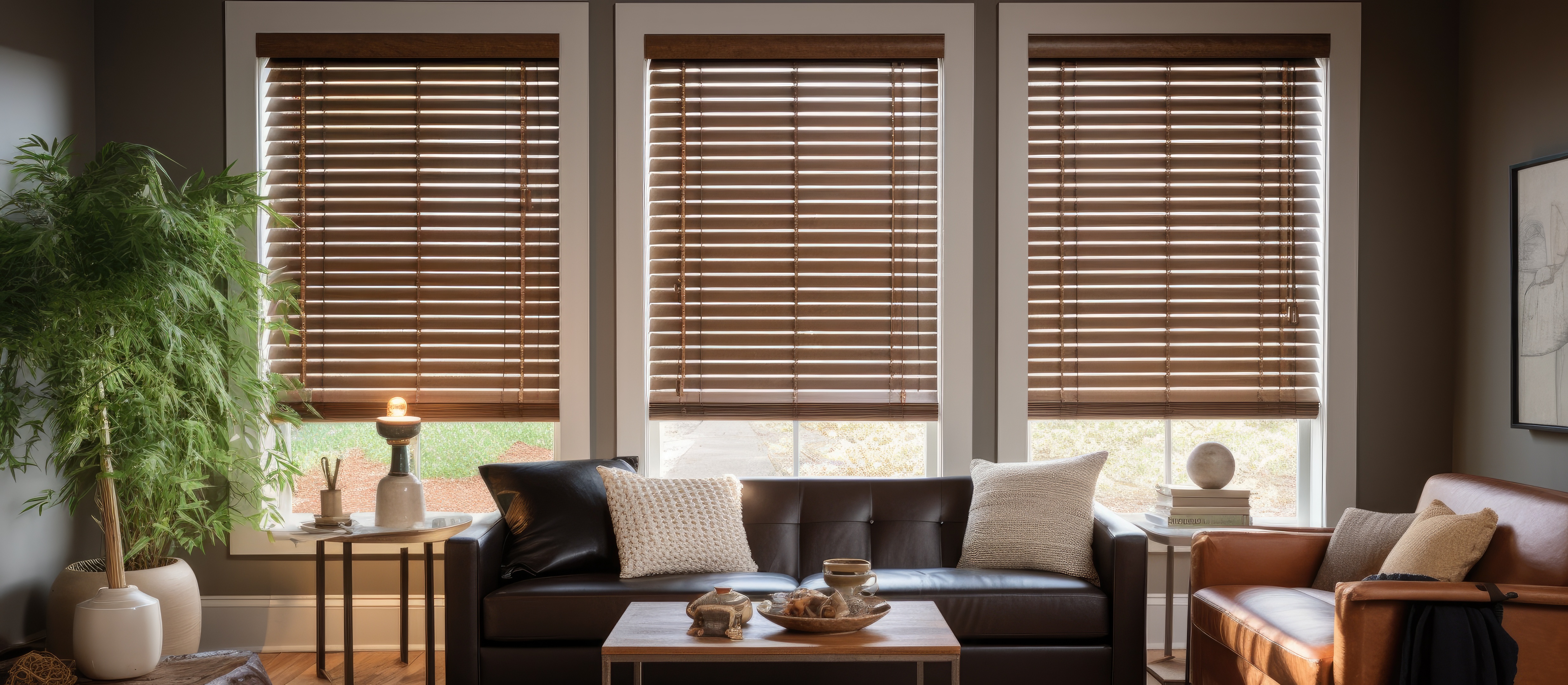 Elegant wooden blinds enhancing modern living room interior design