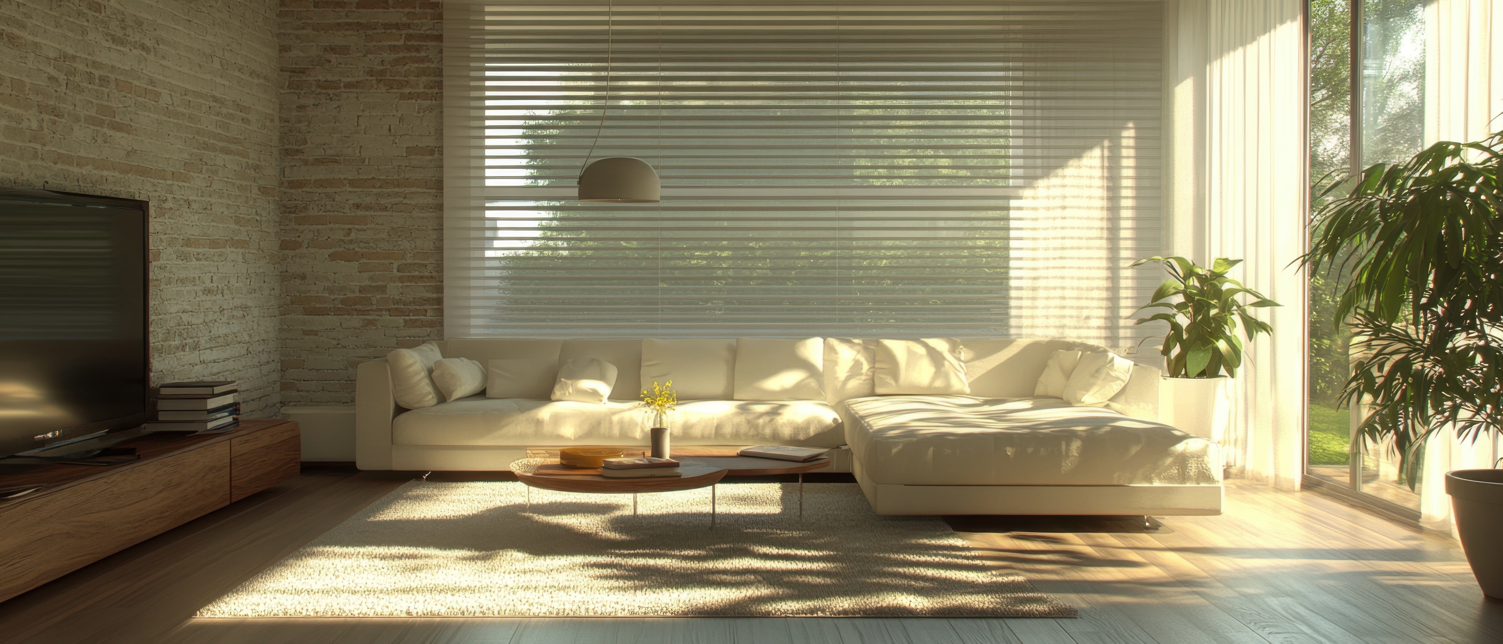 Zebra blinds installed on large living room windows with adjustable light control